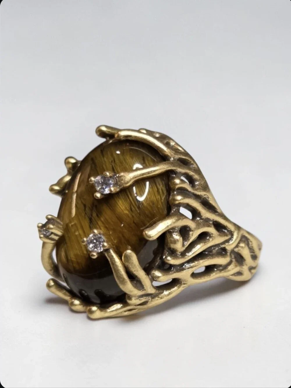 18k Gold Plated Tigers Eye Stone Crystal Caged Oversized Statement Ring